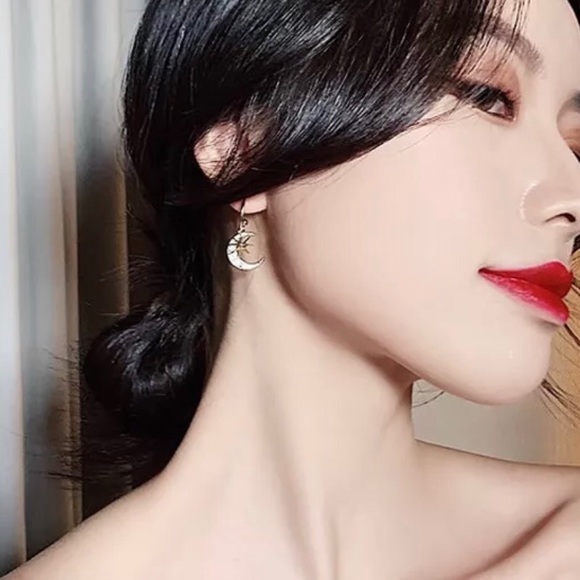 Gold Rhinestone Moon & Star Dangle Earrings - Picture 3 of 6